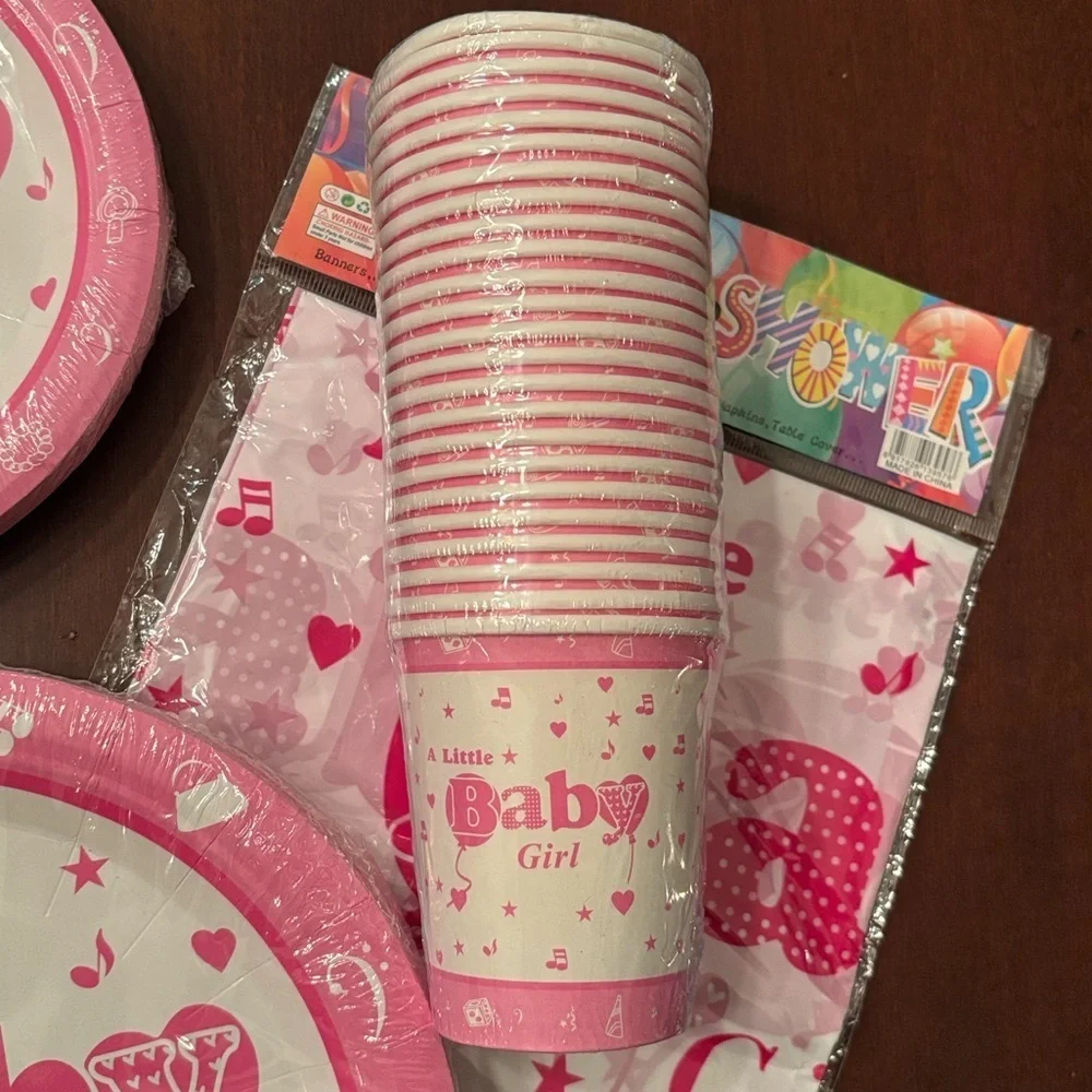 Brand New Baby Shower Party Supplies Plates Cups Napkins for 24 Guests Pink Girl